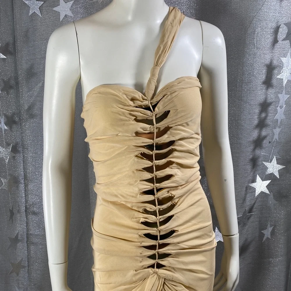 ✨HP✨AUTH GUCCI NUDE Tom Ford Twist Skin Silks Gold Blades Sexy Runway Dress 40 - Picture 6 of 17